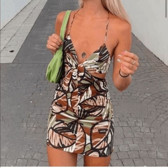ZARA Linen Blend Camo Lined Cut out Dress size Medium Palm Leaf Print - Picture 9 of 9